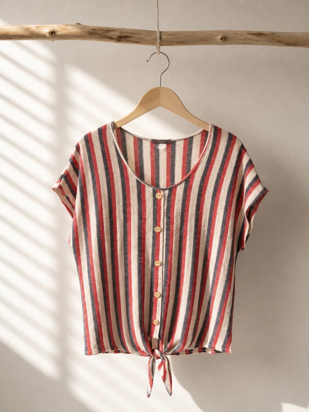 Striped Button Front Tie-Hem Blouse in Red, Navy & Cream